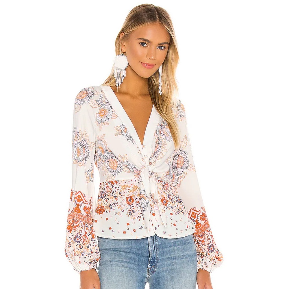 Free People Run Free Blouse Tunic in Ivory Size XS Boho Floral Festival Cowgirl